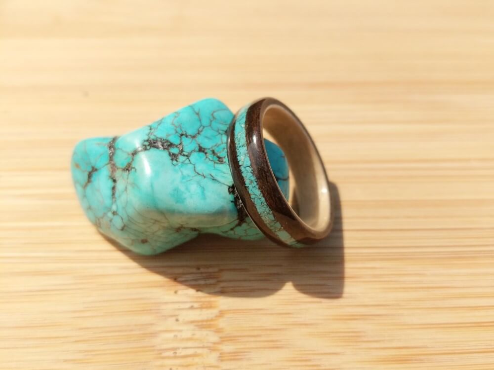 Ziricote wood ring with Maple liner and Turquoise inlay