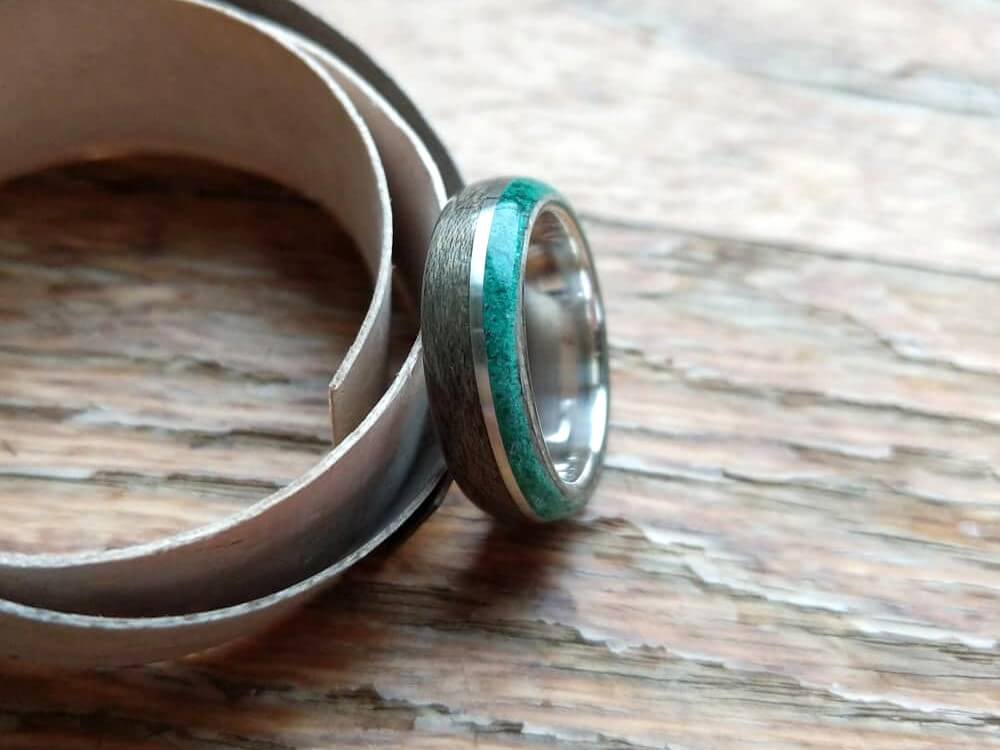 Weathered Bird's Eye Maple wood engagement ring with Sterling Silver liner, Malachite edge and Sterling Silver inlay